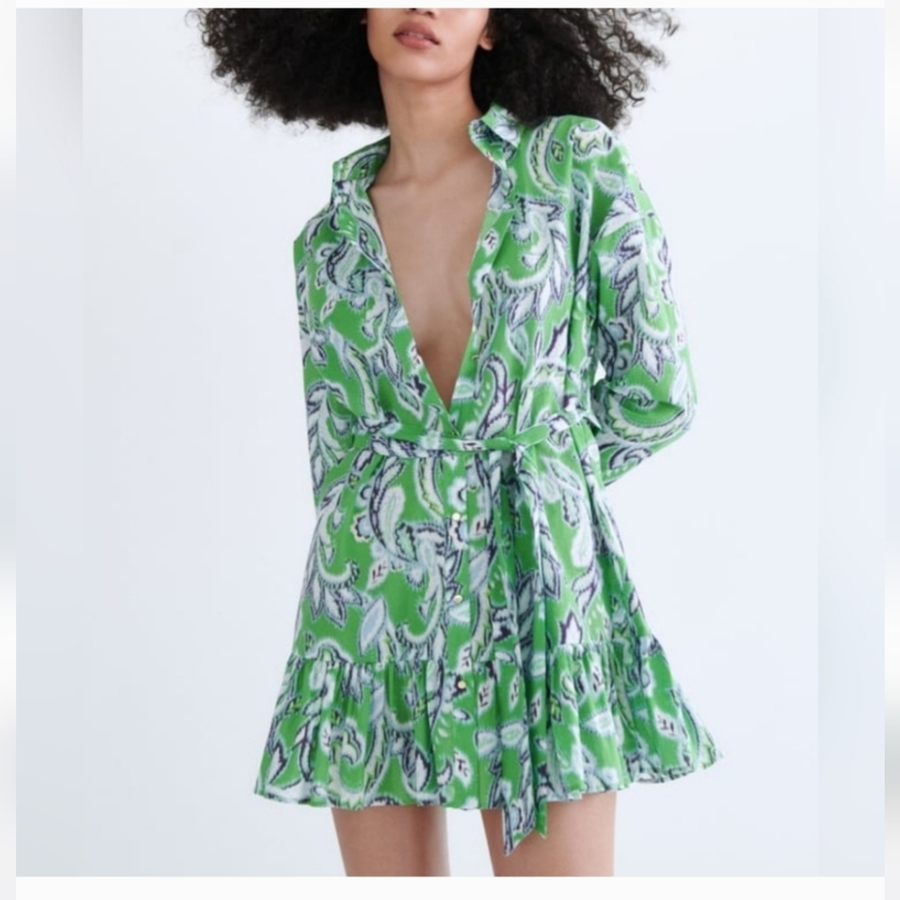 ZARA Spring Collection 2022 Blue / Green Printed Shirt Mini Dress Size L